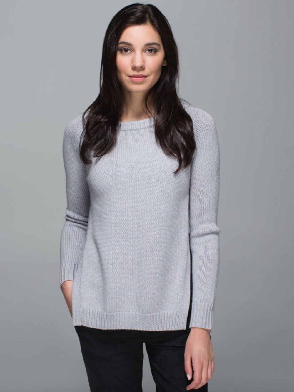 LULULEMON Yin To You Grey Merino Wool Knit Sweater Side Slits Womens 10 Gorpcore